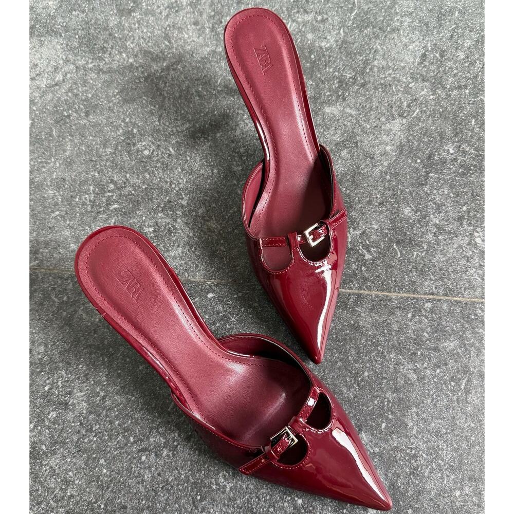 ZARA Burgundy Patent Pointed Toe Slip-On Heeled Mules NWT – Size 6.5 & 8 - Picture 12 of 16